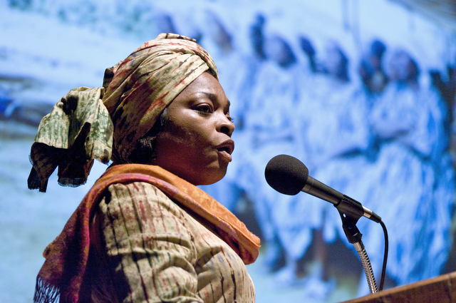 AFRICaide founder Emilie Ngo-Nguidjol Songolo speaks at the Global Voices Lecture on the growing exploitation and conflict in Eastern Congo held at the International House on Wednesday evening.