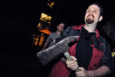 Zachary Binney (right; AB, '09) and Paul Brown (left) prepare for the road trip the night before Scav.