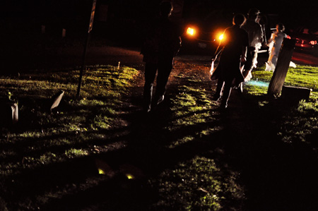 Left to right: Fourth-year Paul Brown and third-years Christina Daly and Jake Friedman (Max P. team) bid a hasty retreat from the Chestnut Grove Cemetery in Ashtabula, OH in order to pursue other items. The team intended to reach New York state by midnight after an evening of non-stop driving.
