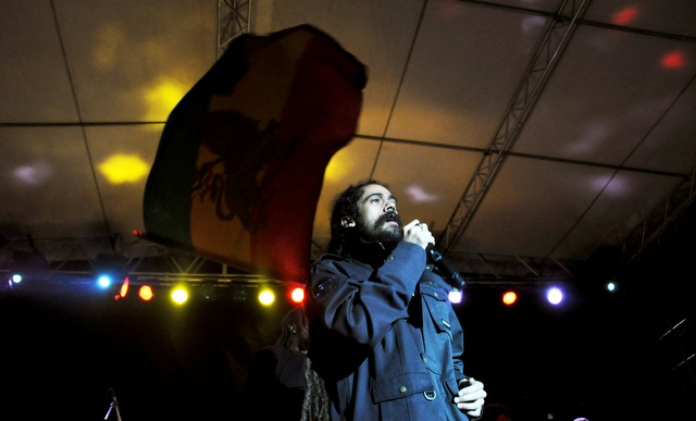 Damian Marley performing with Nas last Saturday night.  This was their first concert since recently recording their album in Los Angeles, which will be released later this spring.