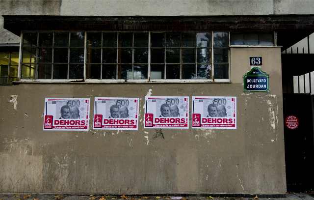 Posters denouncing President Nicolas Sarkozy's administration were placed near U of C housing at the Cite Universitaire on Boulevard Jourdan.