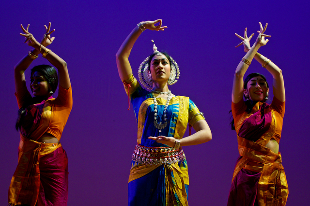 First-years Maya Kailas, Sunameeka Panigrahy and fourth-year Neerja Joshi (left to right) perform the classical Indian dances Odissi and Bharathanatyam.