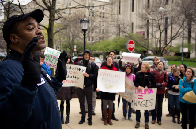 Broadview housekeeping worker Sydney Simmons addresses the group of supporters at a rally outside the Admin building Thursday afternoon. Sydney has been working for the University for the past 21 years.