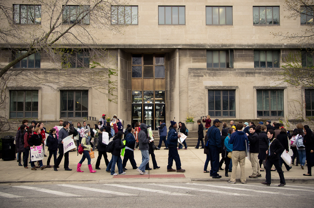 Over 50 housekeeping workers and members of the University community rallied outside the Admin building Thursday afternoon.