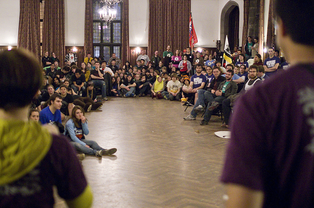 Participants assembled at the Cloister Club at Ida Noyes late Wednesday night for the Scav Hunt briefing. Organizers also briefed the participants about the world record attempt for 