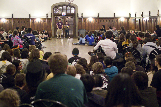 Participants assembled at the Cloister Club at Ida Noyes late Wednesday night for the Scav Hunt briefing. Organizers also briefed the participants about the world record attempt for 