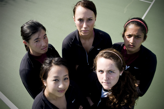 The Junior Class of the women's Tennis team. From left to right:  Jennifer Kung, Tiffany Nguyen, Carmen Vaca Guzman, Kendra Higgins, and Aswini Krishnan.