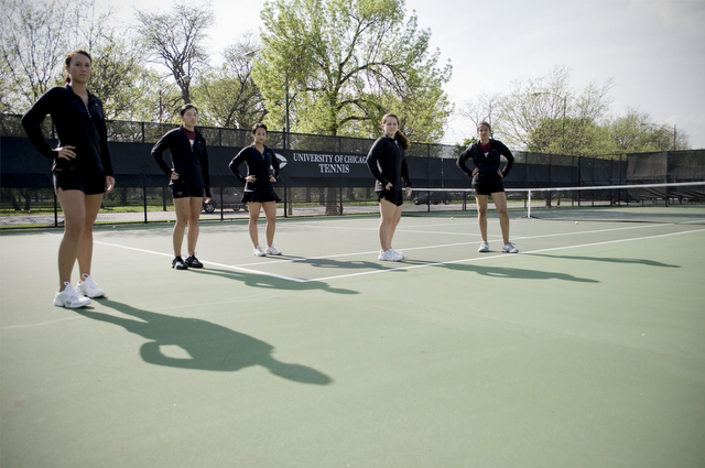 The Junior Class of the women's Tennis team. From left to right:  Carmen Vaca Guzman, Jennifer Kung, Tiffany Nguyen, Kendra Higgins, and Aswini Krishnan.