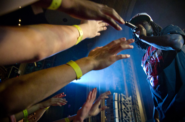 Students reach out to Wale during his set at MAB's Summer Breeze Music Festival Saturday evening at Mandel Hall.