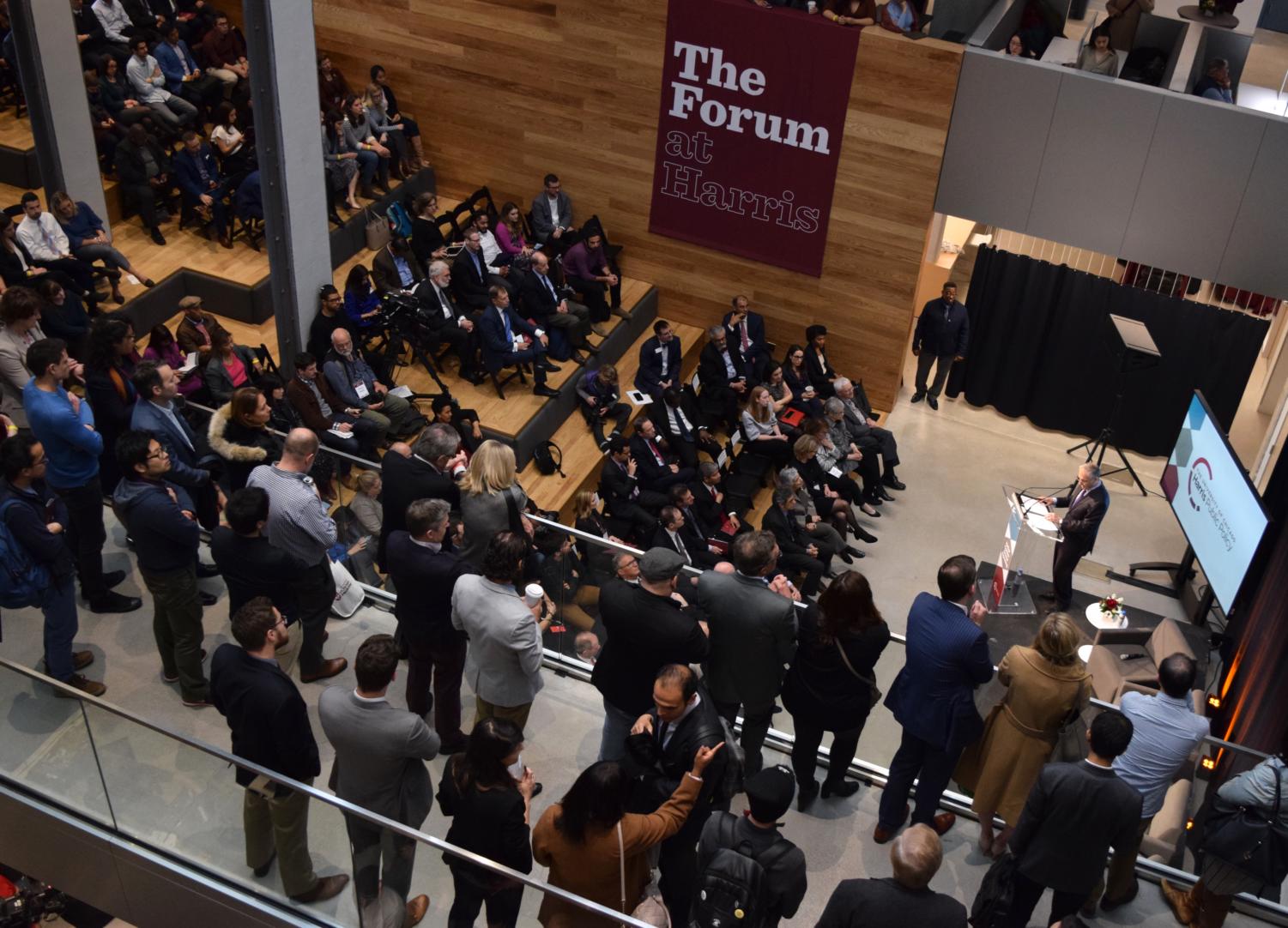University of Chicago President Robert Zimmer speaks at the grand opening celebration in the new Forum space at the Keller Center