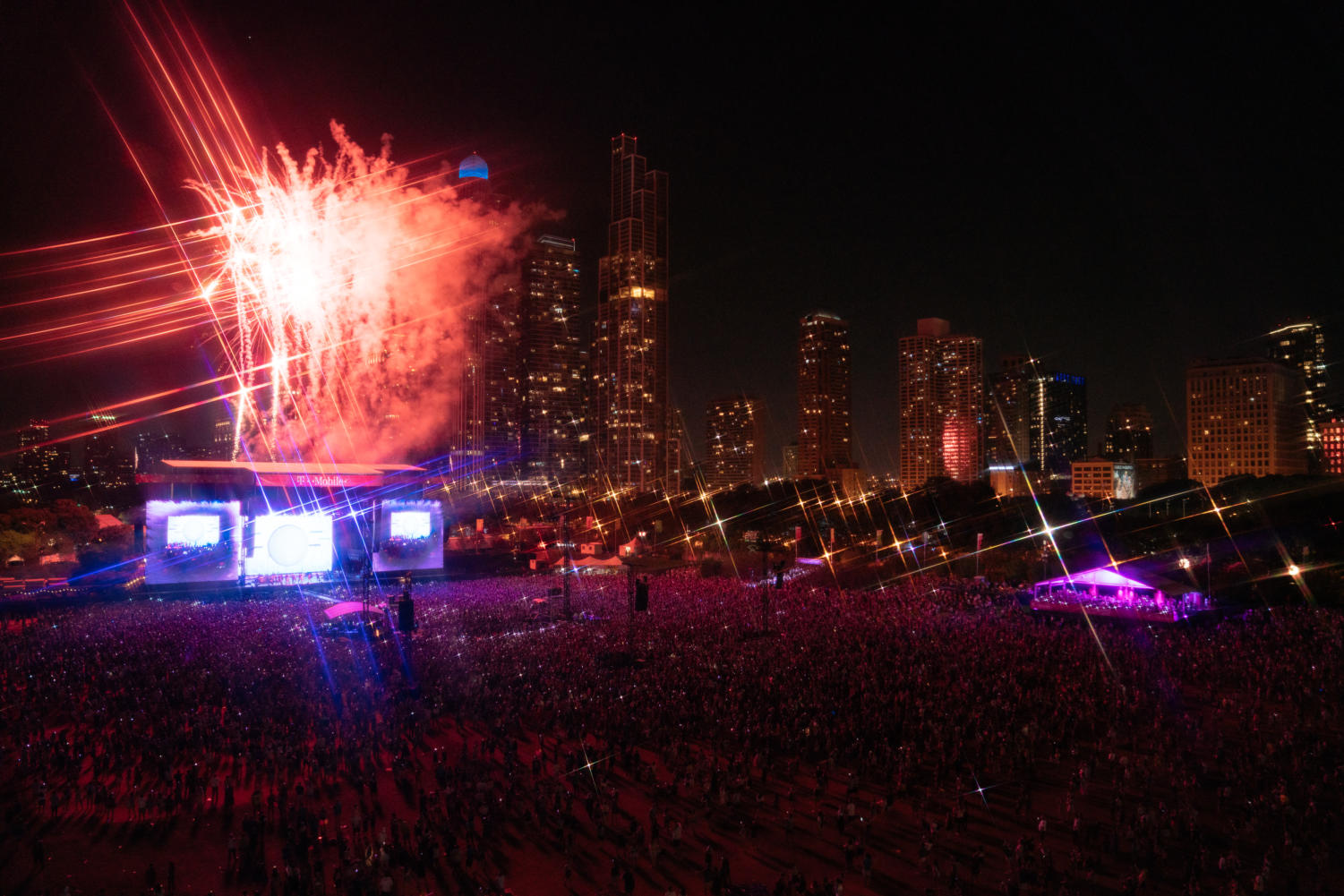 Fireworks go off at the end of Ariana Grande's set that closed out Lollapalooza this year.
