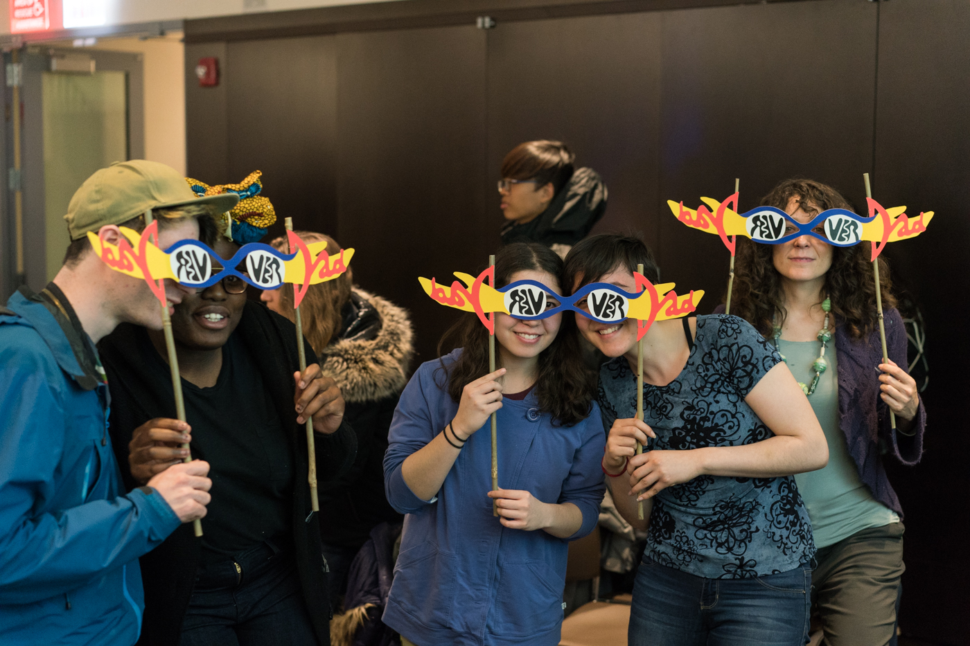 Audience members wear Vicuña's glasses after her lecture of April 3.