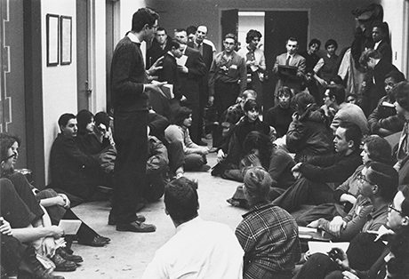 Bernie Sanders speaks to students on the first day of the Committee on Racial Equality sit-in in 1962.