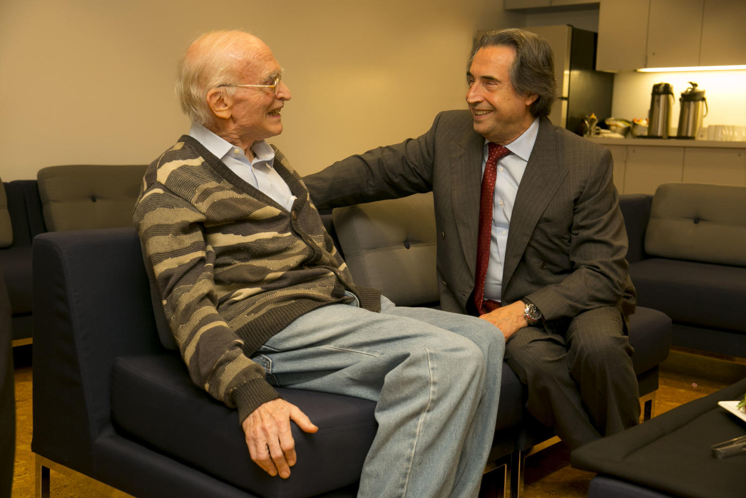 Gossett with CSO Zell Music Director Riccardo Muti backstage at the Logan Center, after Muti's appearance on campus September 21, 2015.