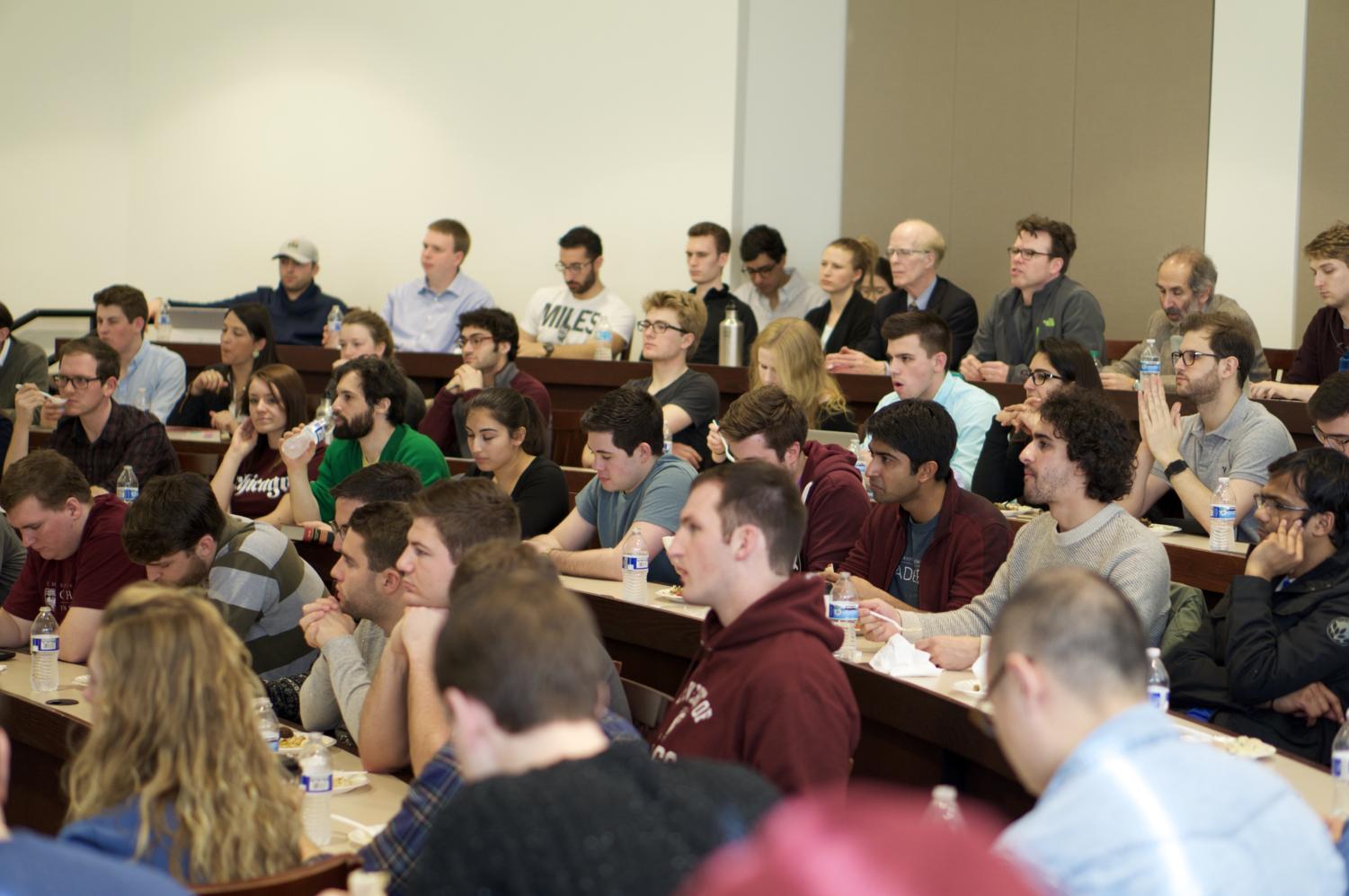 Students listen to professors discuss the future of the Supreme Court in a packed room at the University of Chicago Law School.