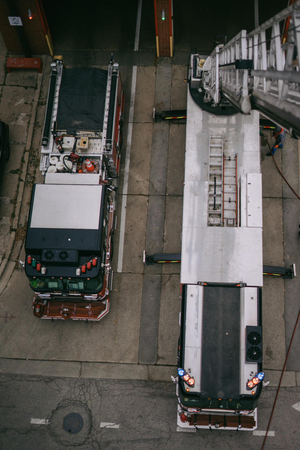Tower Co. 37 and Engine Co. 60 seen from 100 feet in the air on their extended ladder