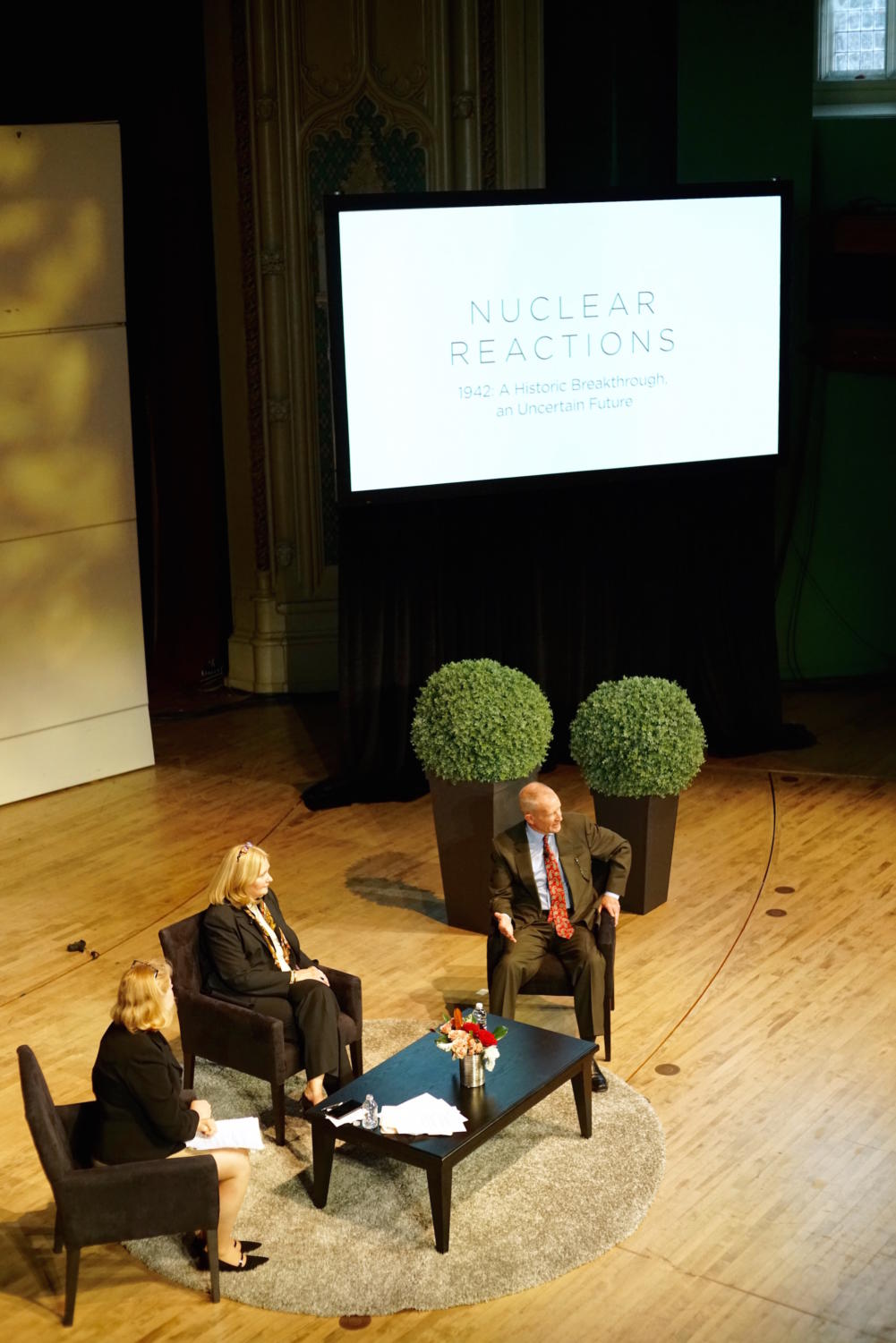 Panelists Dennis Blair, chairman of Sadakawa Peace Foundation USA, and Madelyn Creedon, former Principal Deputy Director National Nuclear Security Administrator, discuss nuclear weapons in the modern world.