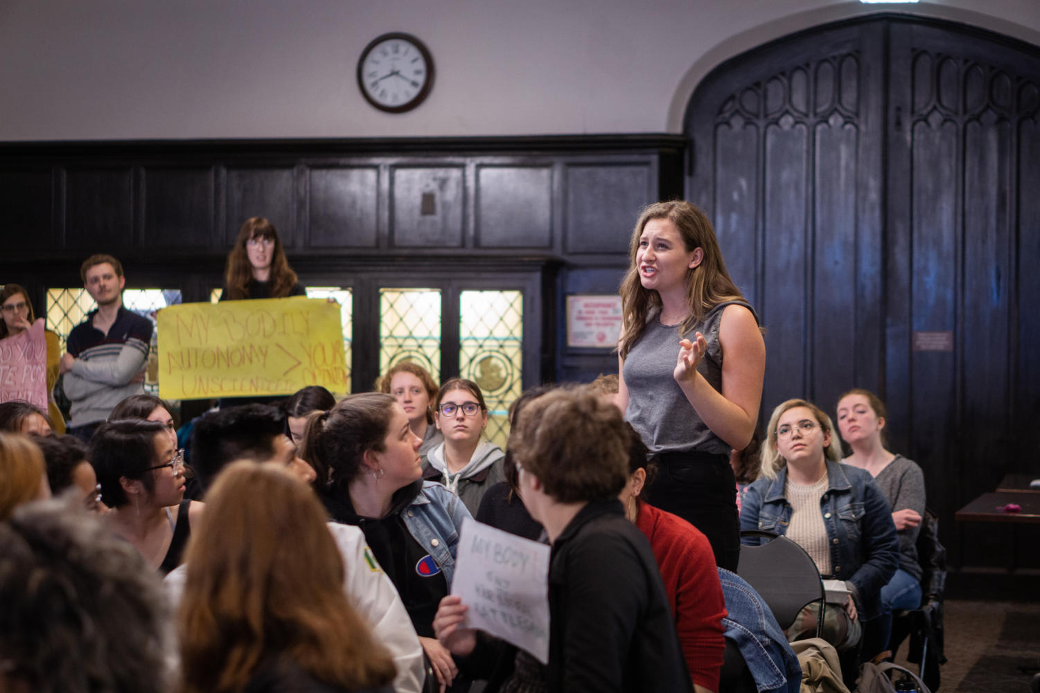 Hannah Goss speaks in a meeting about the proposed College Council bill.