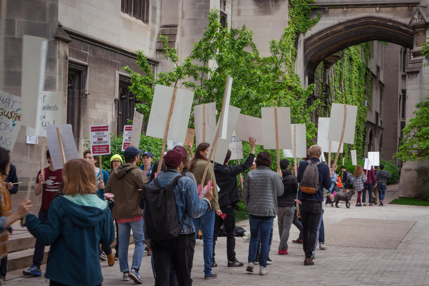 Protesters outside Harper Library.