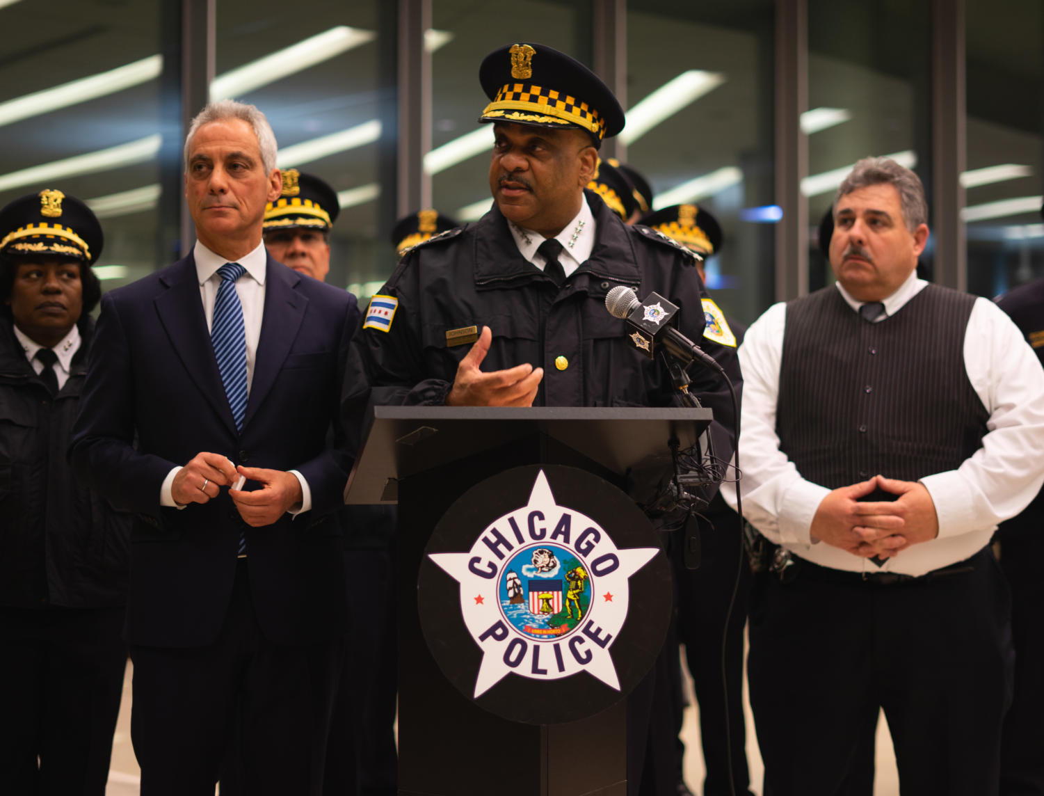 Superintendent Eddie Johnson speaks at a press conference at the University of Chicago on Monday.