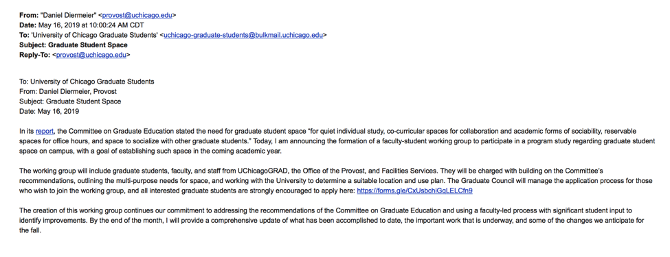 An email provost Daniel Diermeier sent to graduate students Thursday morning.