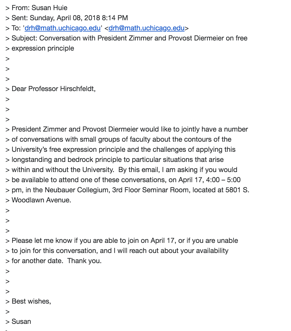 An invitation from Zimmer's secretary, Susan Huie, sent to mathematics professor Denis Hirschfeldt.