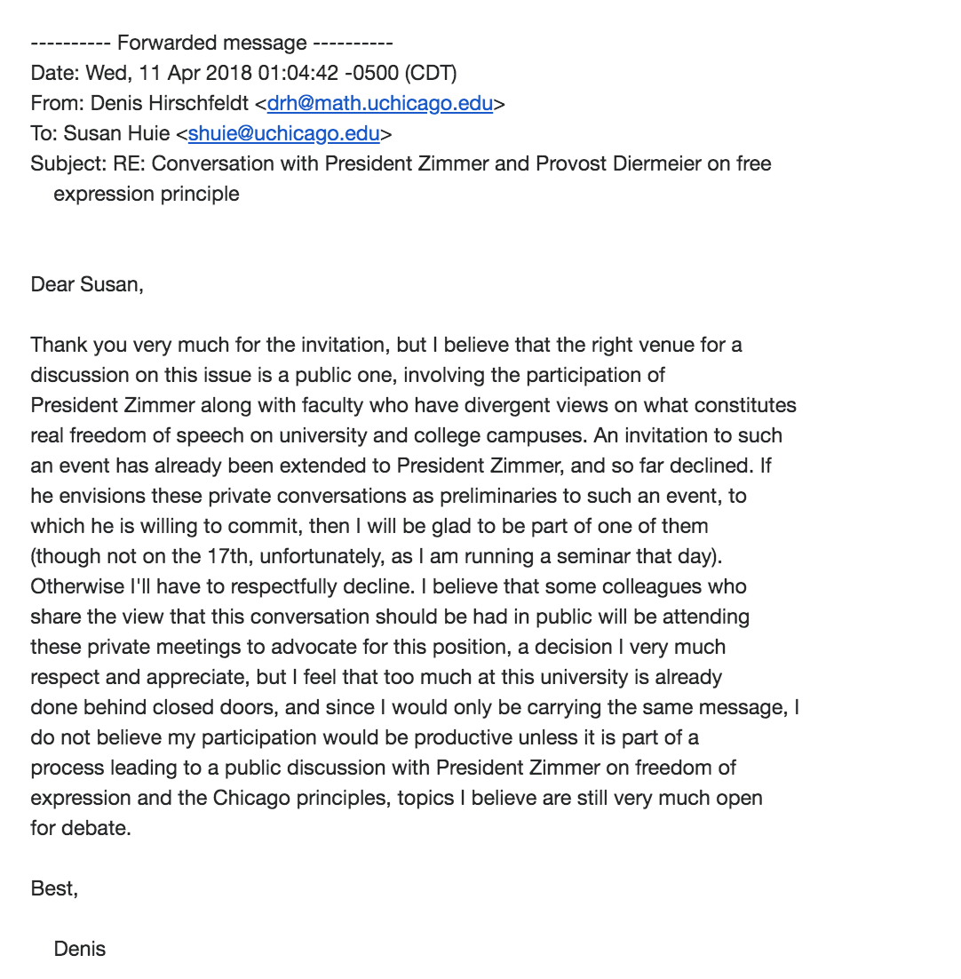 Hirschfeldt's reply to the administration's invitation.