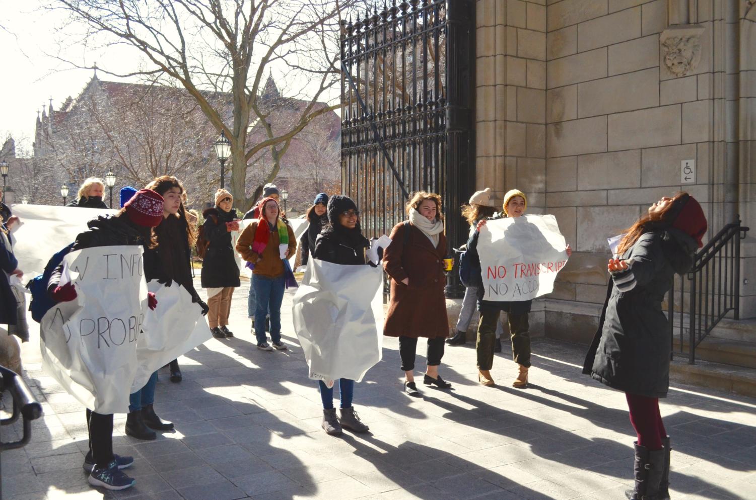 Students demonstrated Thursday at Cobb Gate against the administration’s lack of transparency in the sexual assault reporting process.