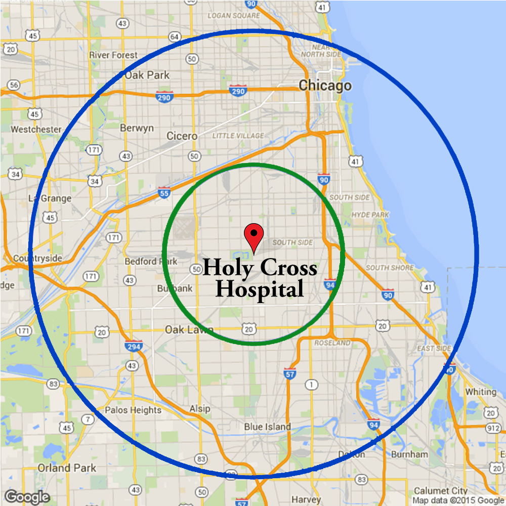 A map of a four-mile (green) and ten-mile (blue) radius from Holy Cross Hospital. They show the radii from which an ambulance would take 12 minutes to get to Holy Cross at speeds of 20-28 miles per hour and 50-71 miles per hour, respectively.