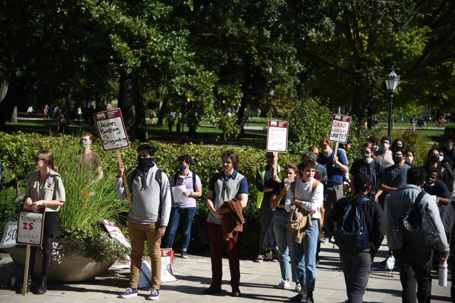 Graduate students and supporters rallying in front of Levi Hall on October 19, 2021