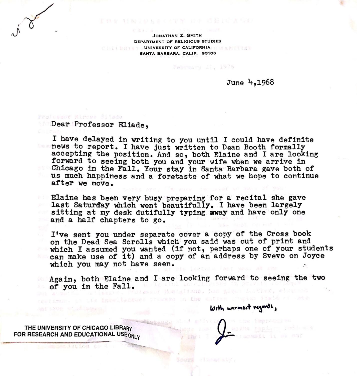 A June 4, 1968 letter from Smith to Eliade.