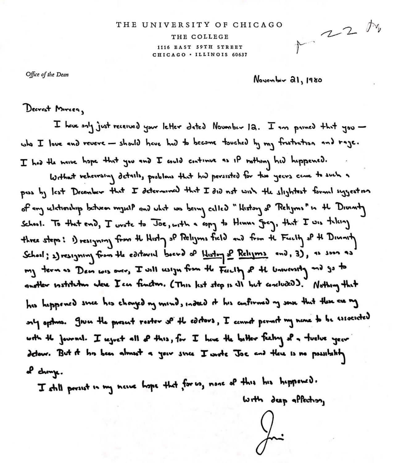 A November 21, 1980 letter from Smith to Eliade.