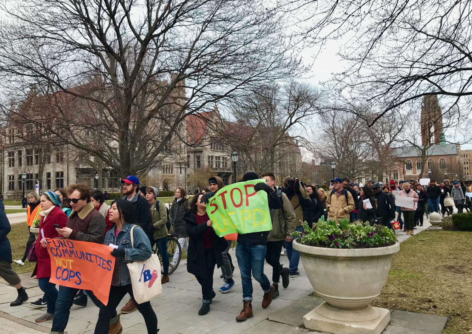 Protesters march from Rosenwald to Levi Hall.