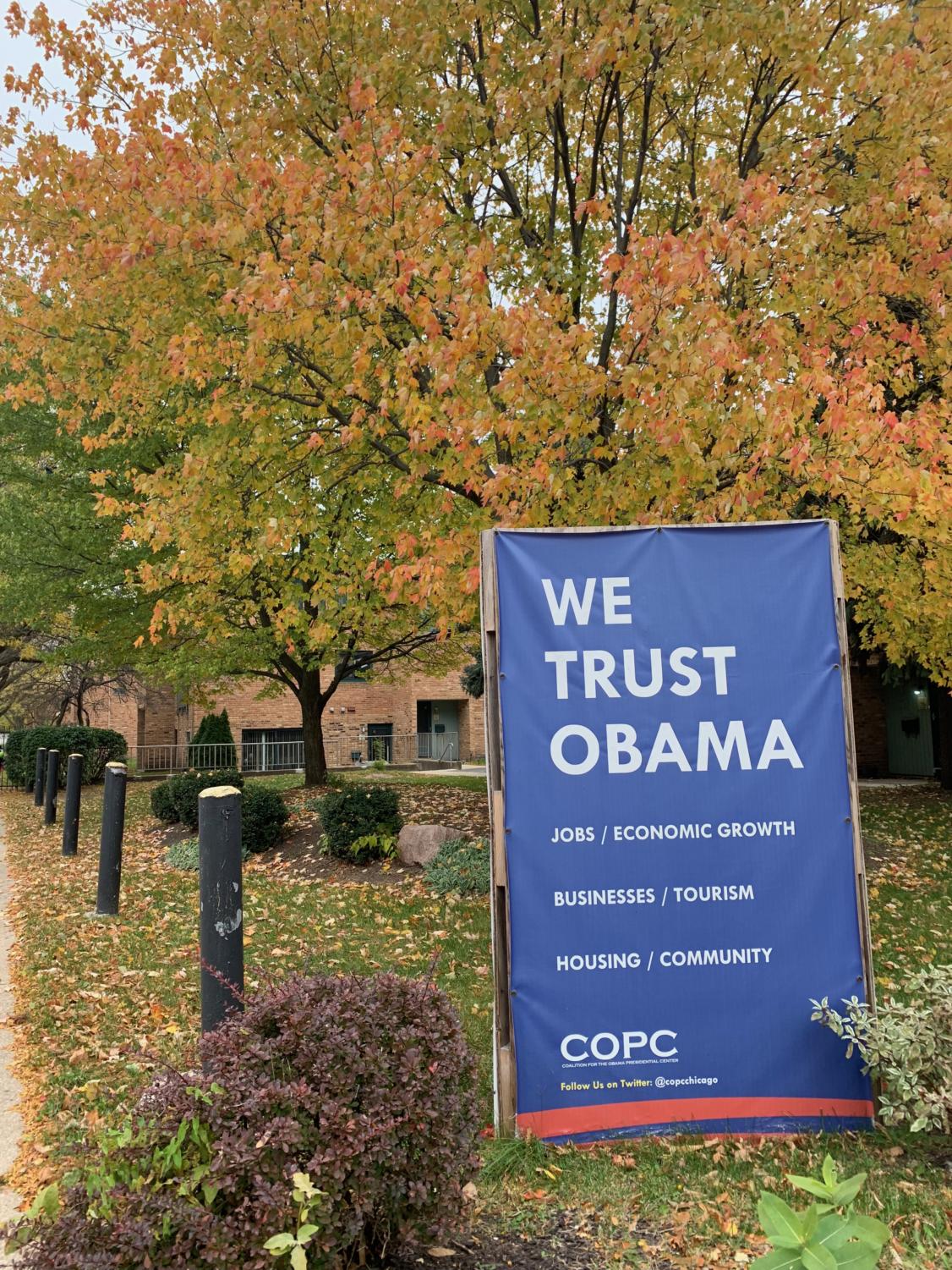 A yard sign on 61st and Stony Island Avenue declares support for the Coalition for the Obama Presidential Center.