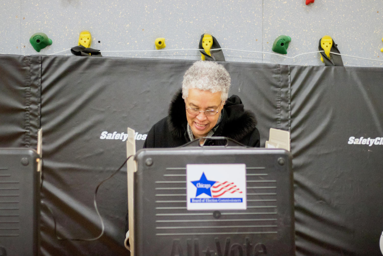 Toni Preckwinkle, who will face Lori Lightfoot in a runoff, cast her vote near campus on Tuesday morning.
