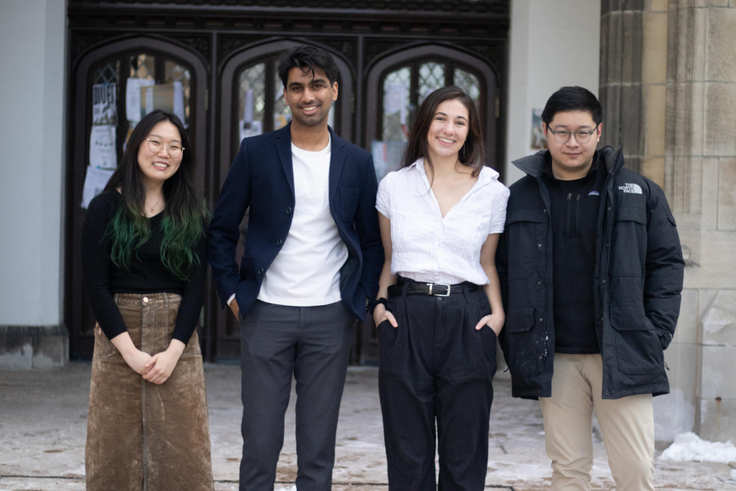 Chief Production Officer Suha Chang, Managing Editor Adyant Kanakamedala, and Editors-in-Chief Ruby Rorty and Matthew Lee served as The Maroon's executive slate in 2021–22.