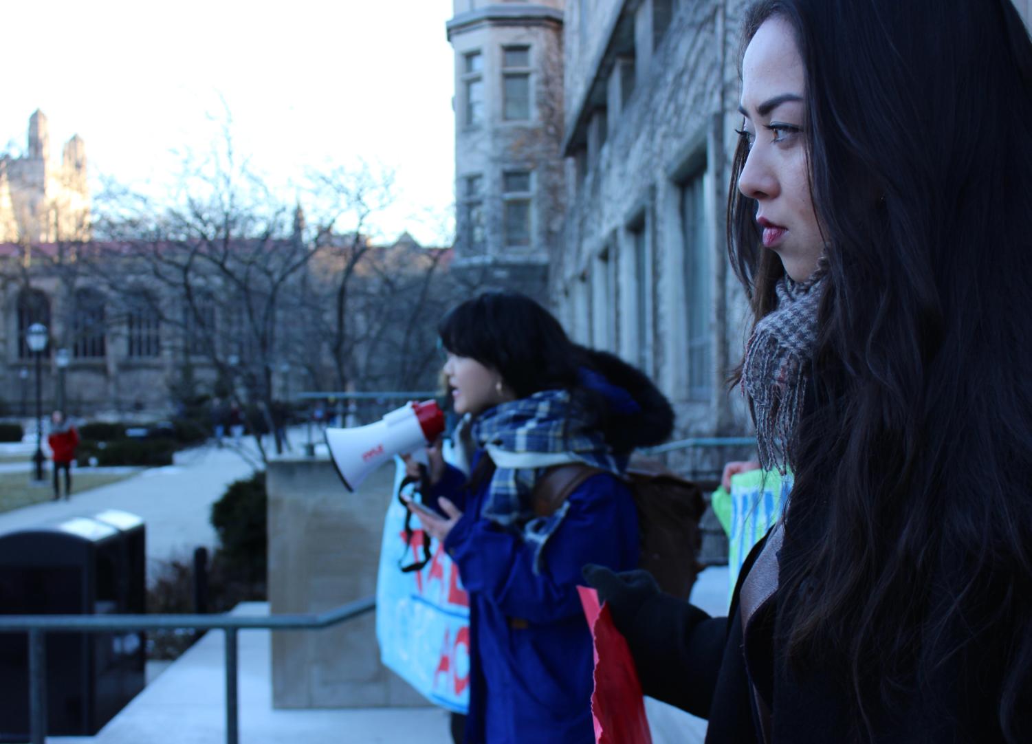 Students with PSA speaking outside Levi Hall.