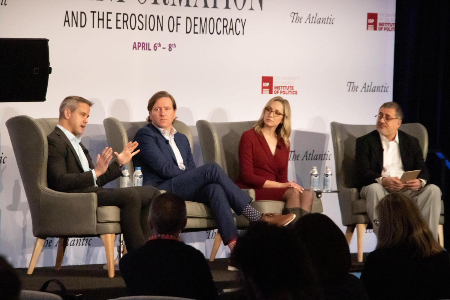 U.S. Representative Adam Kinzinger (R-IL), former Cybersecurity and Infrastructure Security Agency director Christopher Krebs, and UChicago history professor Kathleen Belew speak at a panel moderated by Barton Gellman, staff writer at The Atlantic.