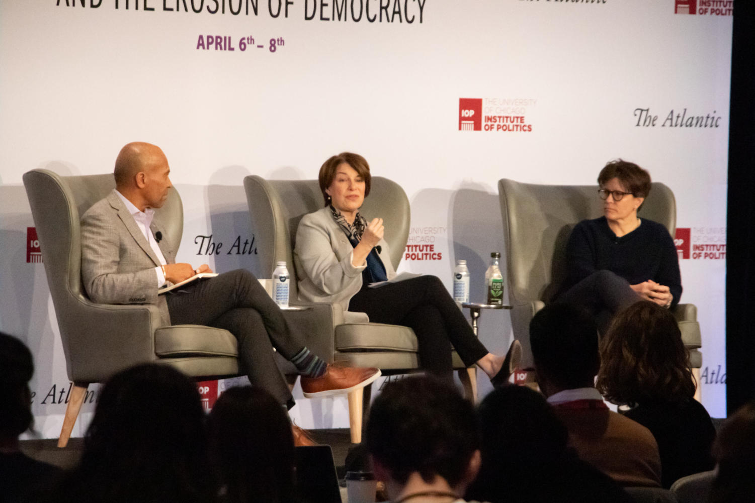 L–R: Deval Patrick, Amy Klobuchar, and Kara Swisher at the IOP's 