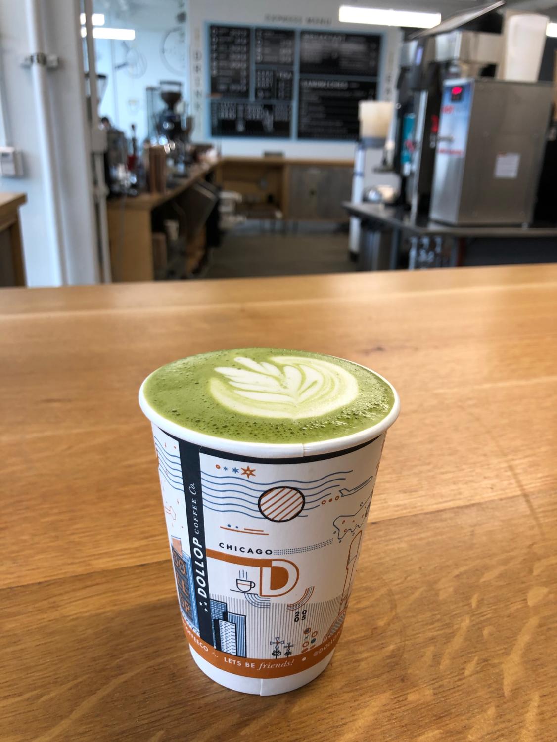 A matcha latte at Dollop coffee shop.