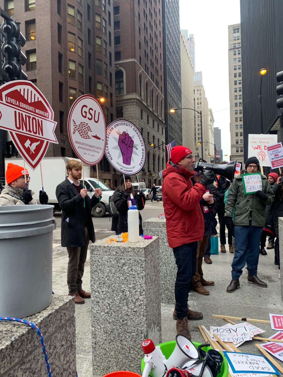 CTU President Jesse Sharkey spoke to graduate students at a rally in the Loop.