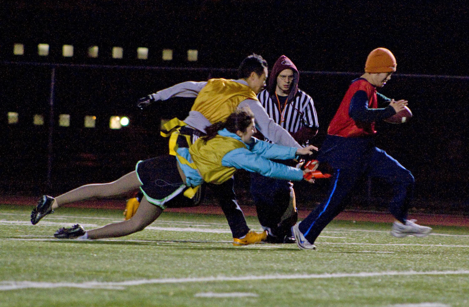 May house tackles Wick house in Monday night's flag football championship game.