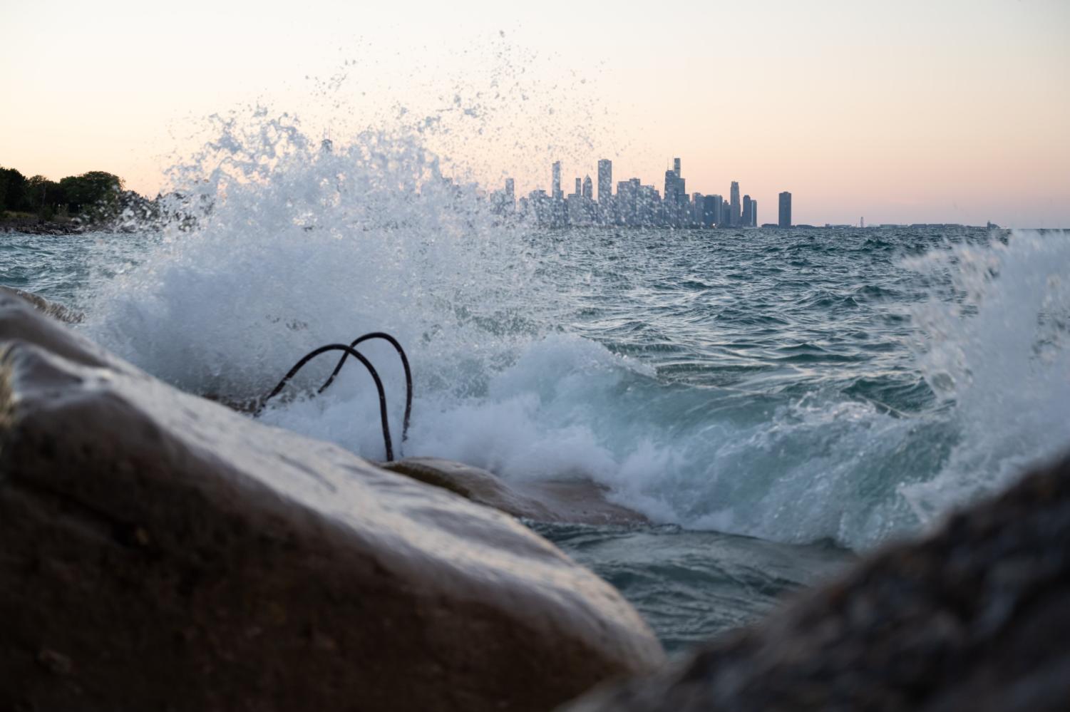 Waves batter the limestone rocks at Promontory Point.