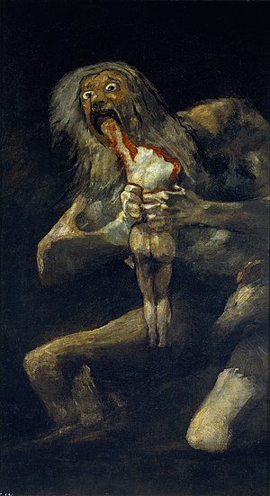 This lovely little painting is “Saturn Devouring his Son” by Francisco Goya. Looking into the eyes of Saturn, it is clear that he feels some sort of regret, some remorse for what he has done and what he continues to do.
