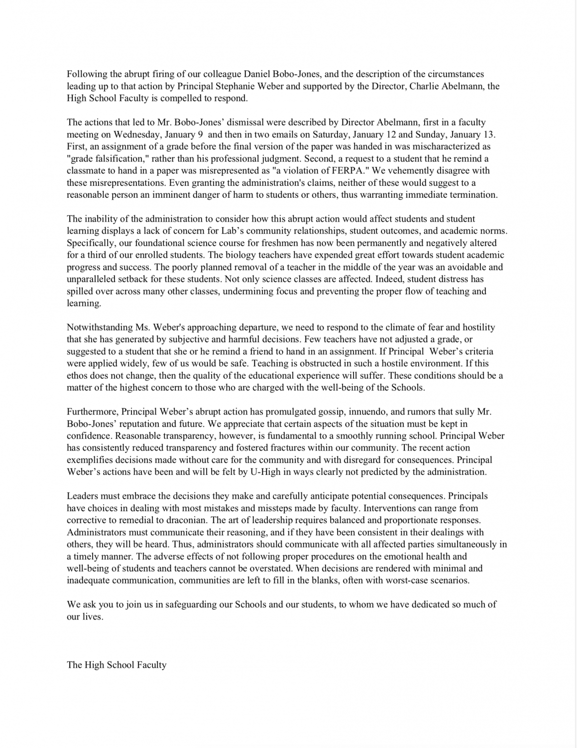 Letter from Lab Schools high school faculty, also in defense of Bobo-Jones