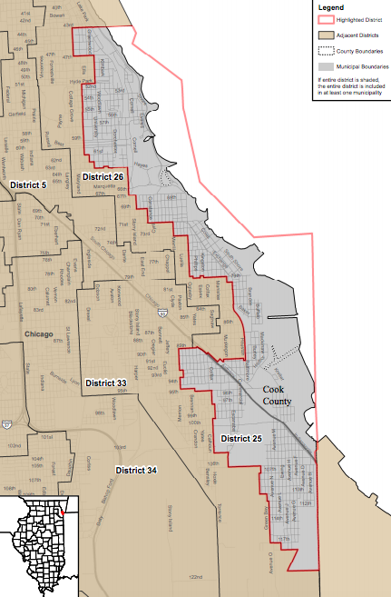 The 25th district for the Illinois State House extends from Hyde Park to points south.