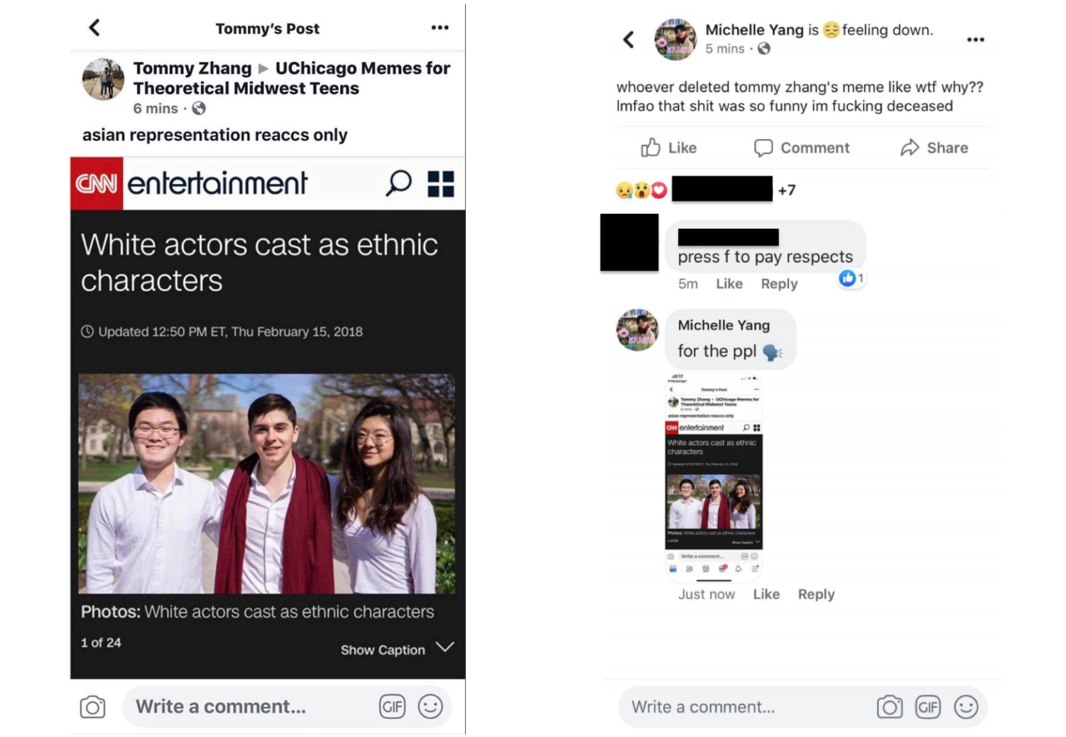 Original meme (left) and repost of meme by Michelle Yang (right)