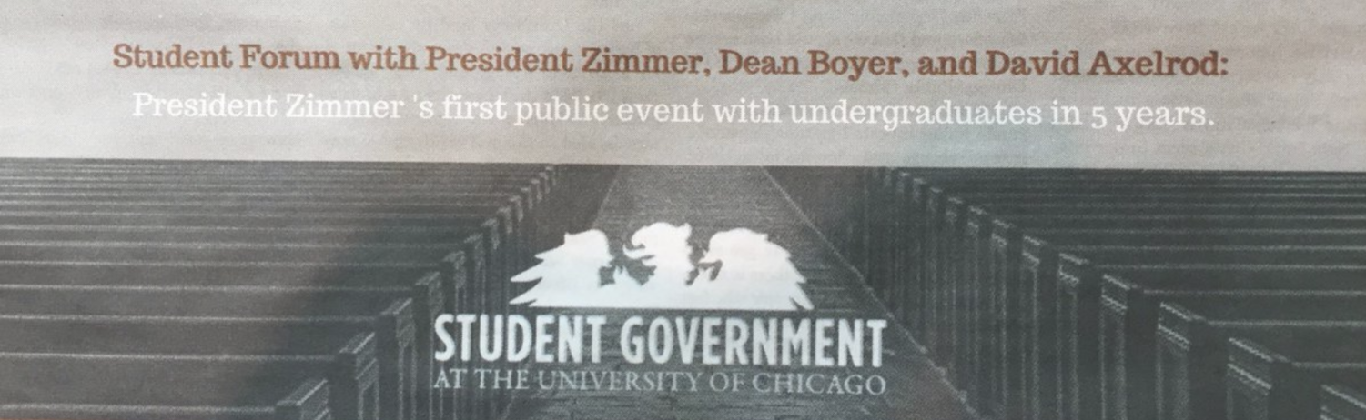 Student Government advertisement for a meeting with President Robert Zimmer.