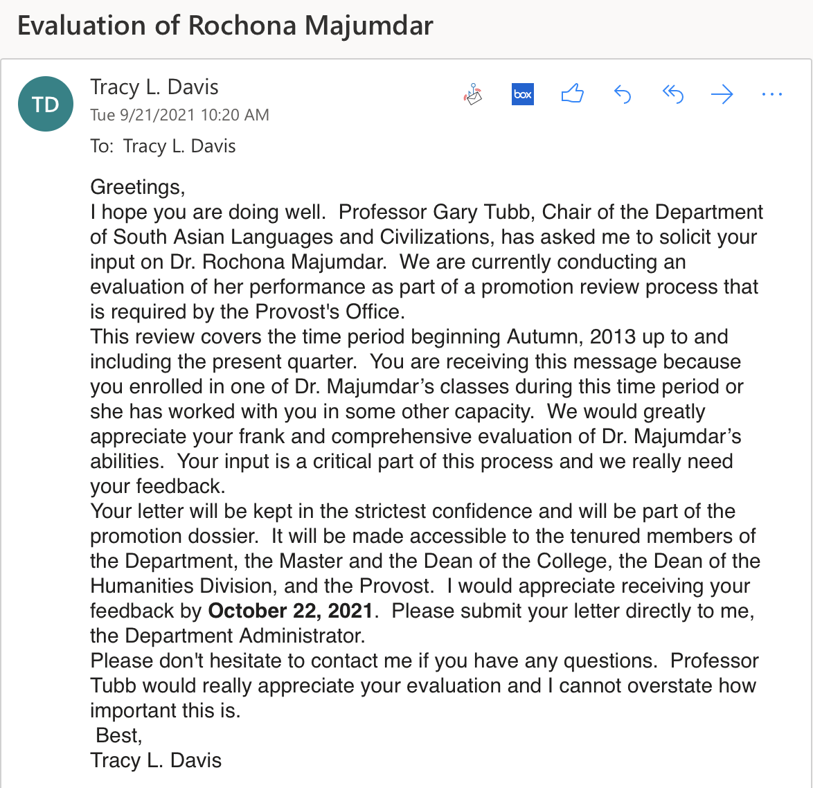 An email sent to Majumdar's former students and colleagues requests their evaluations for consideration in her promotion dossier. A follow-up email clarified that only current and former graduate students should respond.
