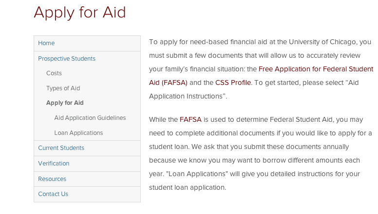 The current description of what documents students must submit for financial aid posted on the University's website.